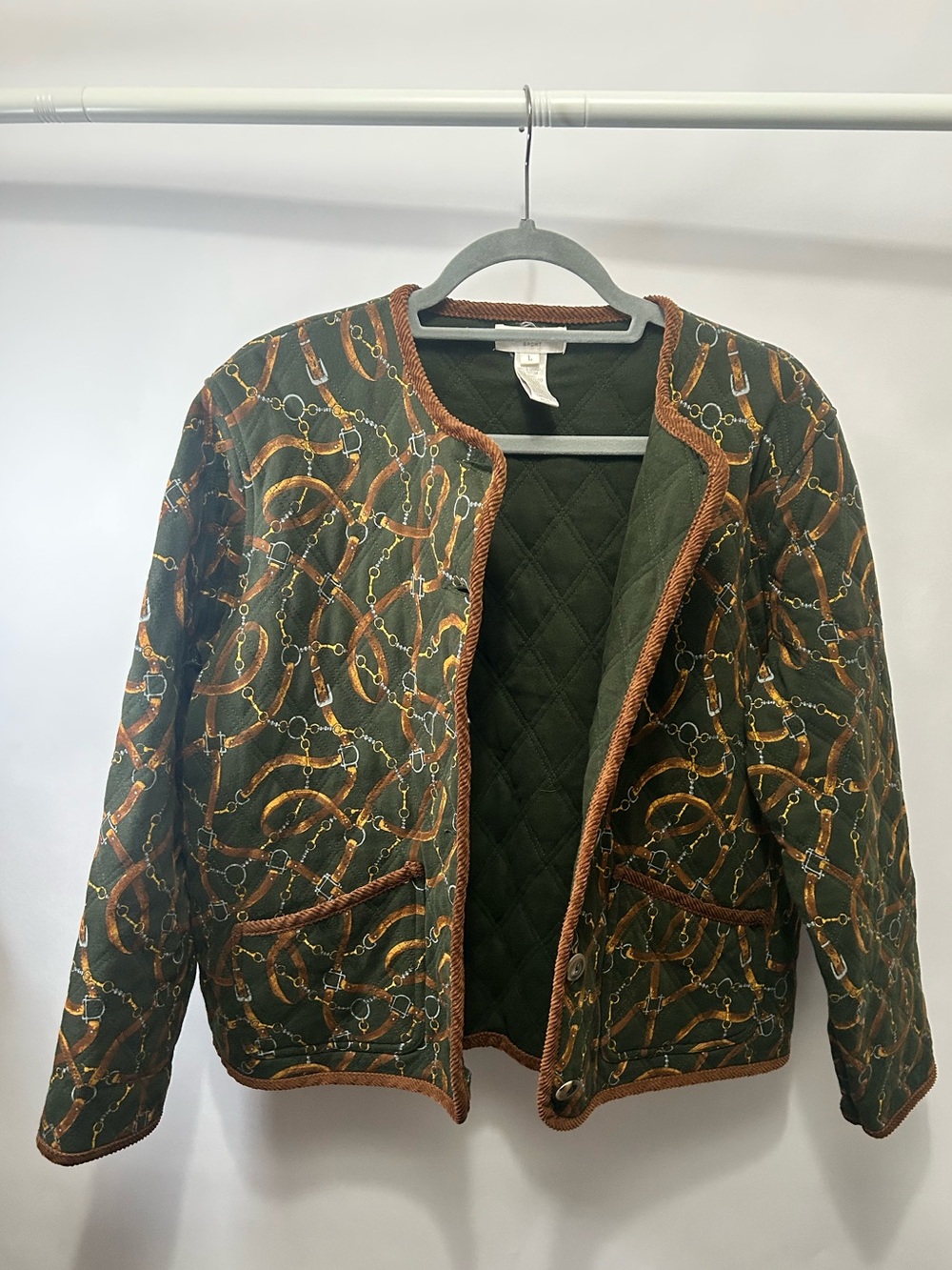 Jones New York 90s Vintage Equestrian Bit Chain Print Quilted Jacket Green L